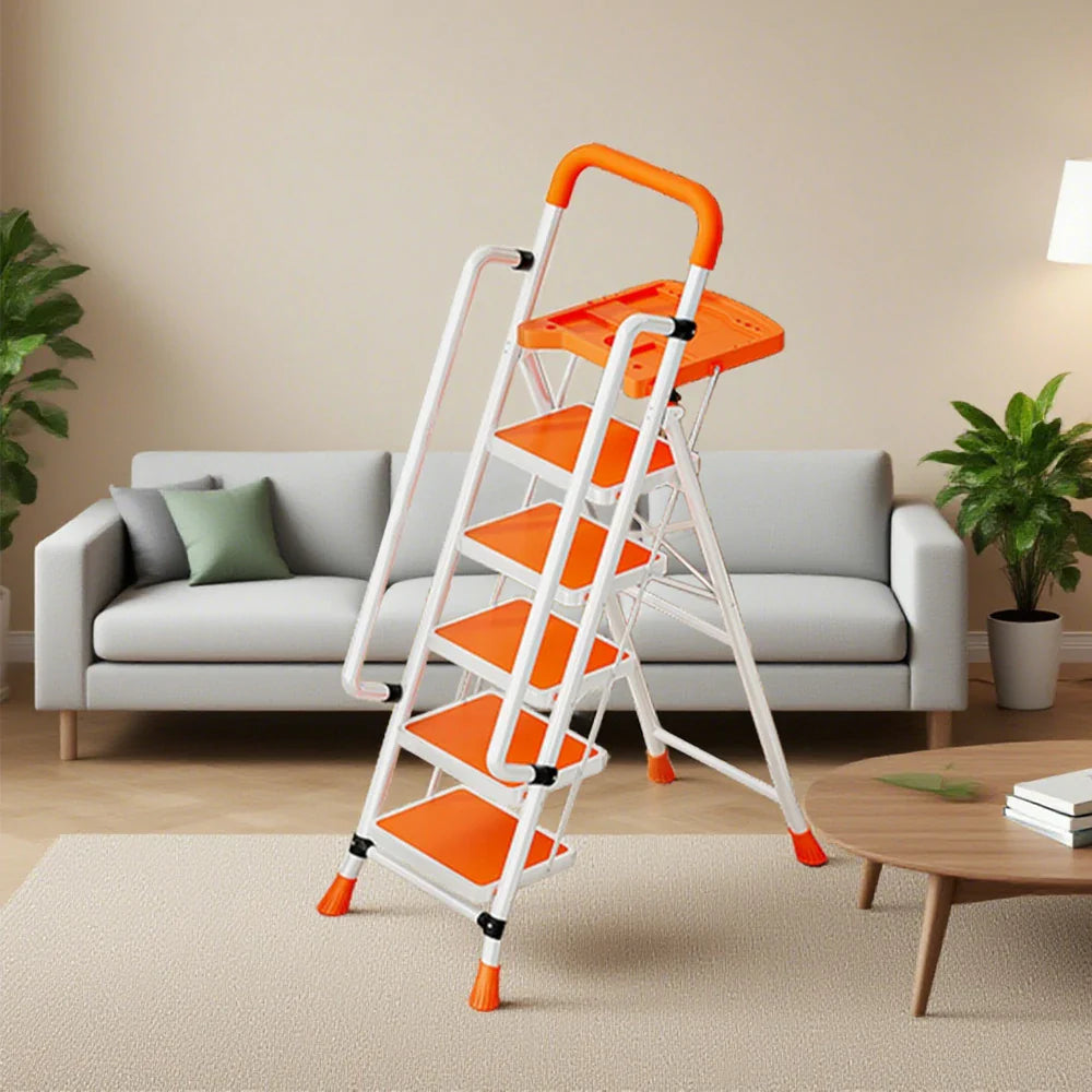 GROVIA 4/5/6 Handrail Step Tray, Folding Tool Wide Foldable - Steel 26cm to Ladder 10cm, Anti-Slip Pedals, Feet - Carbon Orange