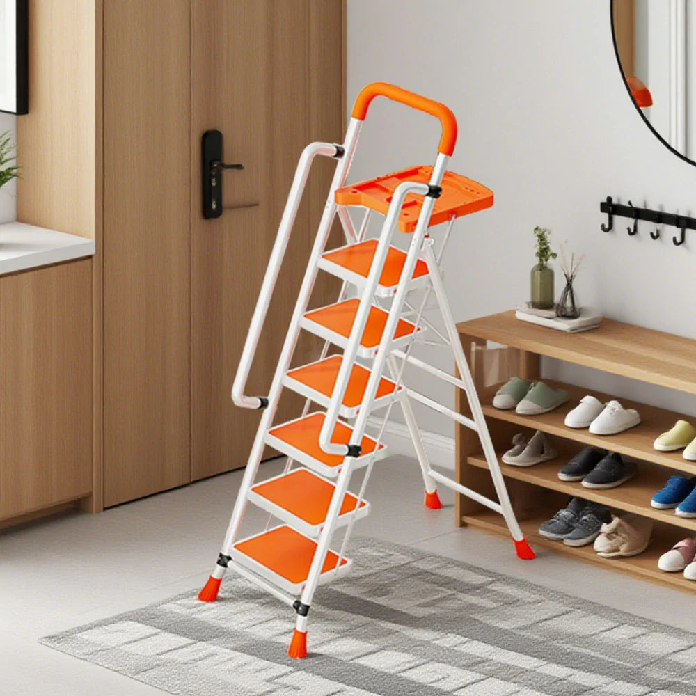 GROVIA 4/5/6 Handrail Step Tray, Folding Tool Wide Foldable - Steel 26cm to Ladder 10cm, Anti-Slip Pedals, Feet - Carbon Orange