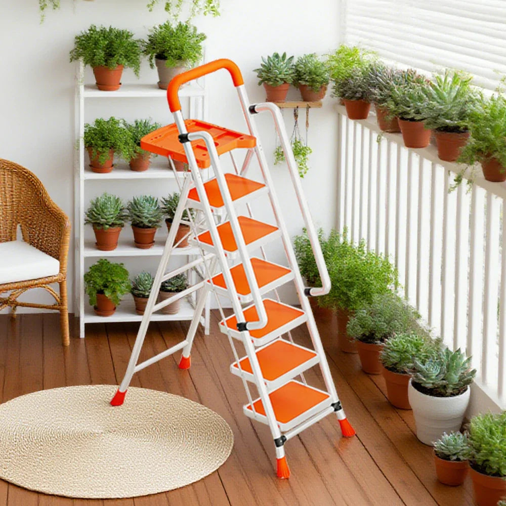 GROVIA 4/5/6 Handrail Step Tray, Folding Tool Wide Foldable - Steel 26cm to Ladder 10cm, Anti-Slip Pedals, Feet - Carbon Orange