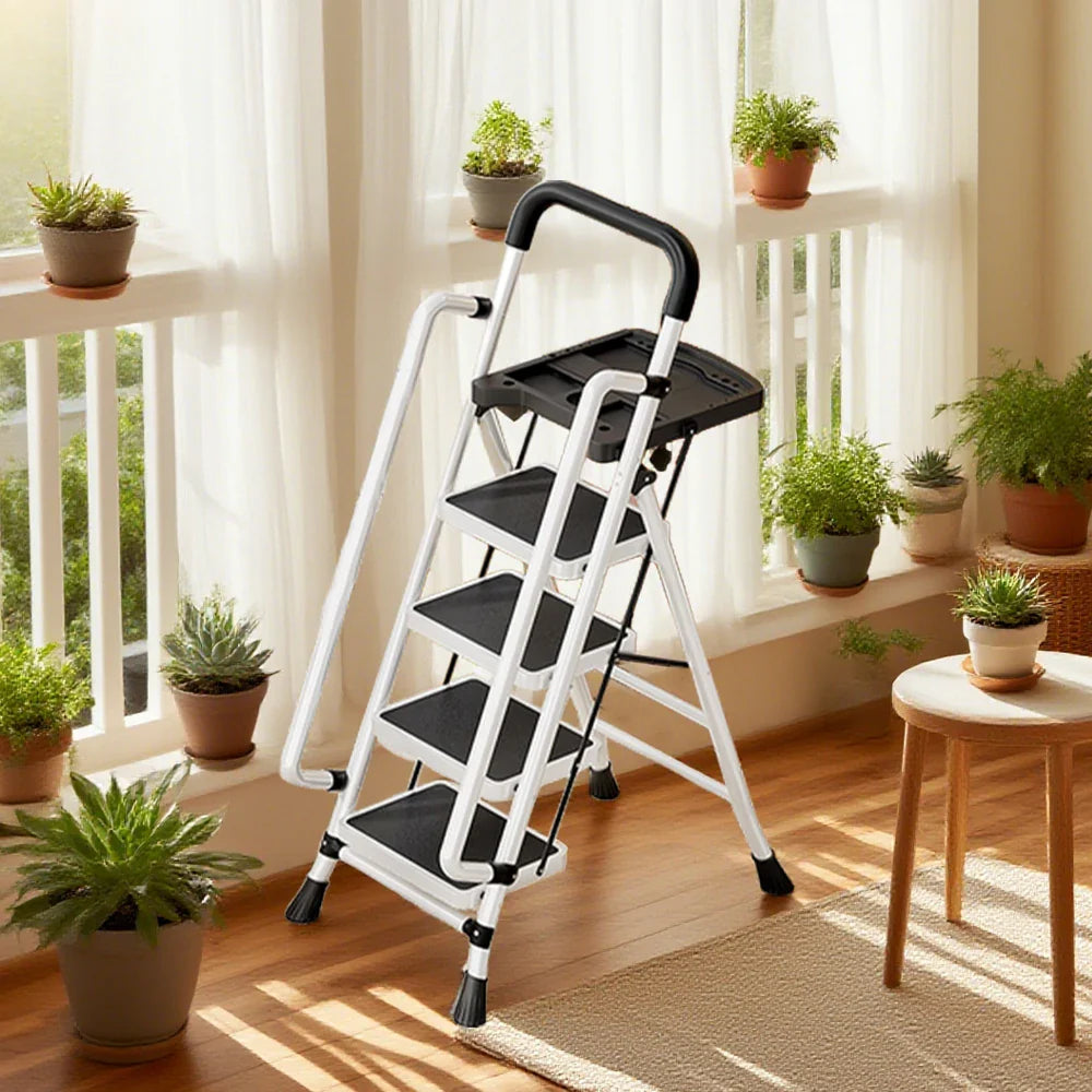 GROVIA 4/5/6 to Anti-Slip Tool Wide Foldable - 10cm, Folding Handrail Feet Tray, 26cm Step Pedals, Ladder Steel Carbon - White