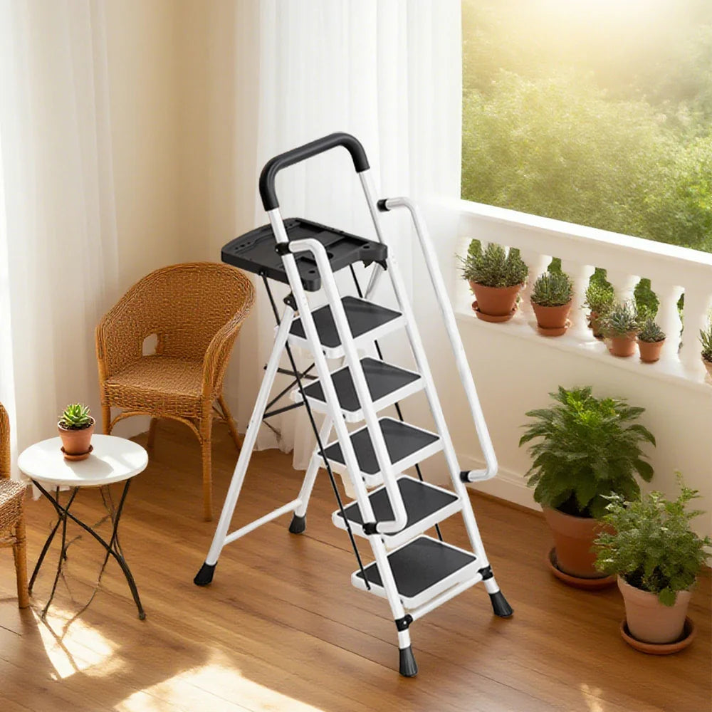 GROVIA 4/5/6 to Anti-Slip Tool Wide Foldable - 10cm, Folding Handrail Feet Tray, 26cm Step Pedals, Ladder Steel Carbon - White