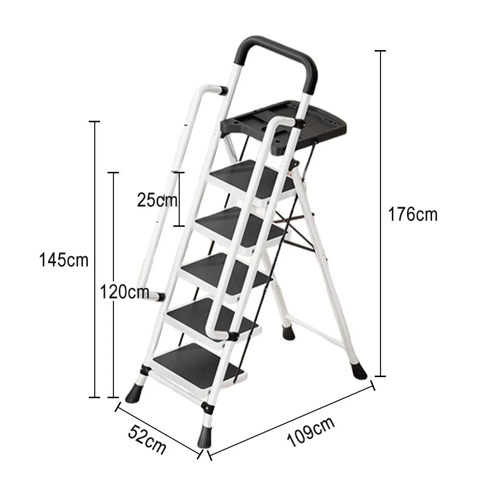 GROVIA 4/5/6 to Anti-Slip Tool Wide Foldable - 10cm, Folding Handrail Feet Tray, 26cm Step Pedals, Ladder Steel Carbon - White