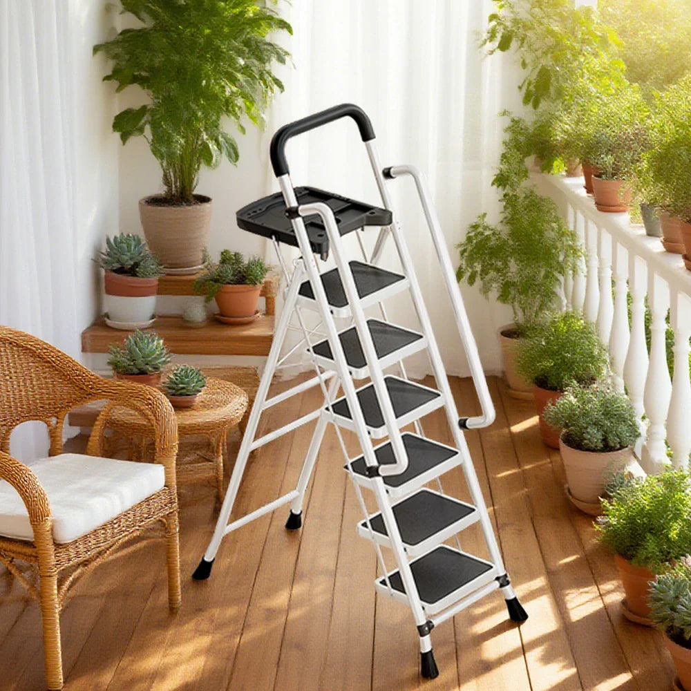 GROVIA 4/5/6 to Anti-Slip Tool Wide Foldable - 10cm, Folding Handrail Feet Tray, 26cm Step Pedals, Ladder Steel Carbon - White
