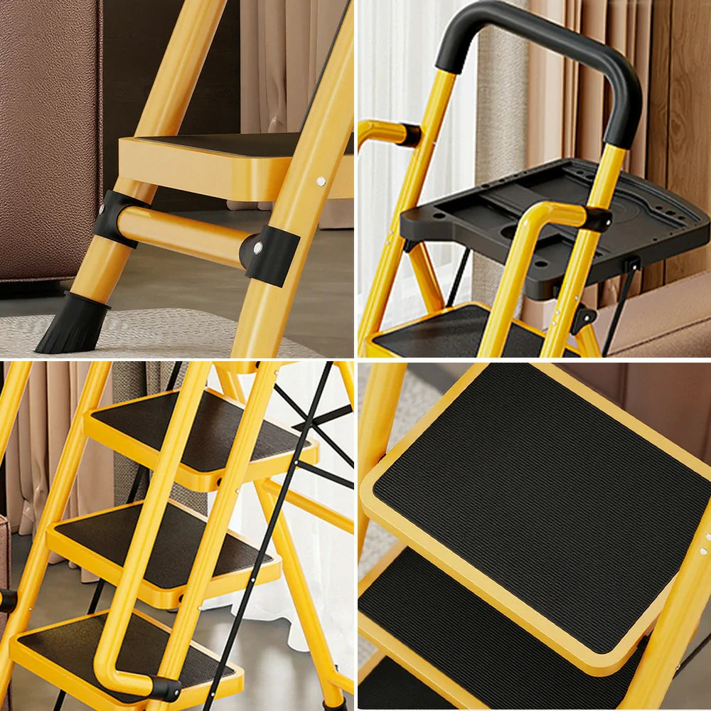 GROVIA 4/5/6 Foldable Wide 26cm Anti-Slip Feet Pedals, Step Handrail - Ladder Tool Steel Carbon to Tray, Folding 10cm, - Yellow