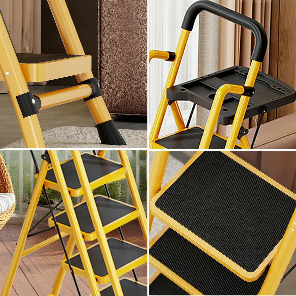 GROVIA 4/5/6 Foldable Wide 26cm Anti-Slip Feet Pedals, Step Handrail - Ladder Tool Steel Carbon to Tray, Folding 10cm, - Yellow