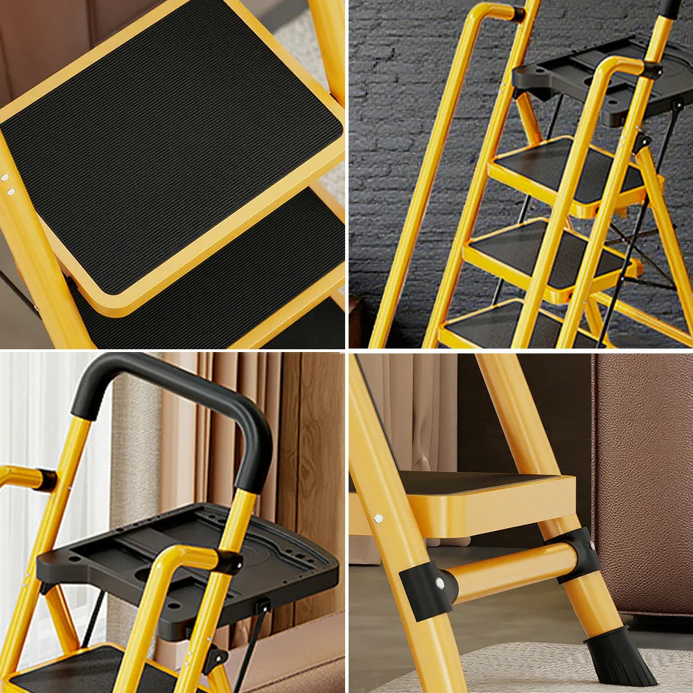 GROVIA 4/5/6 Foldable Wide 26cm Anti-Slip Feet Pedals, Step Handrail - Ladder Tool Steel Carbon to Tray, Folding 10cm, - Yellow
