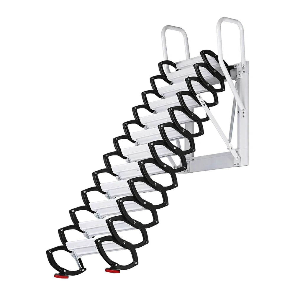 GROVIA Wall Mounted Retractable Loft Ladder Space Saving Heavy Duty Carbon Steel Alloy Wide Anti-Slip Steps - Black & White