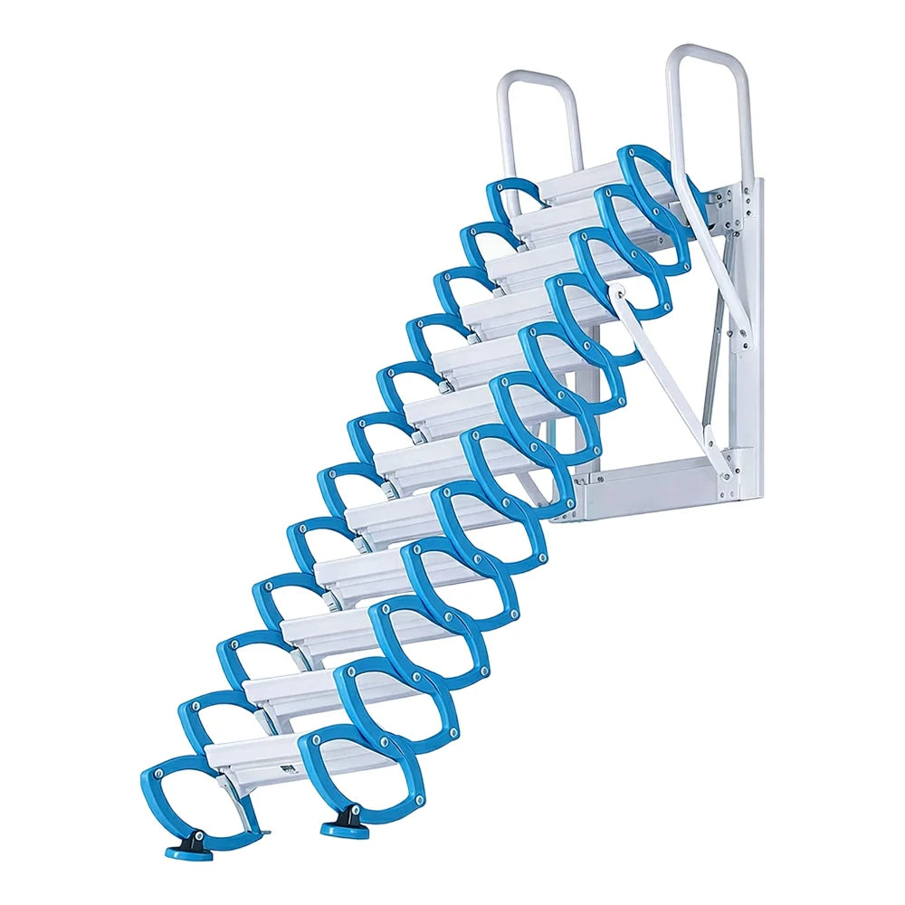 GROVIA Wall Mounted Retractable Loft Ladder Space Saving Heavy Duty Carbon Steel Alloy Wide Anti-Slip Steps - Blue & White