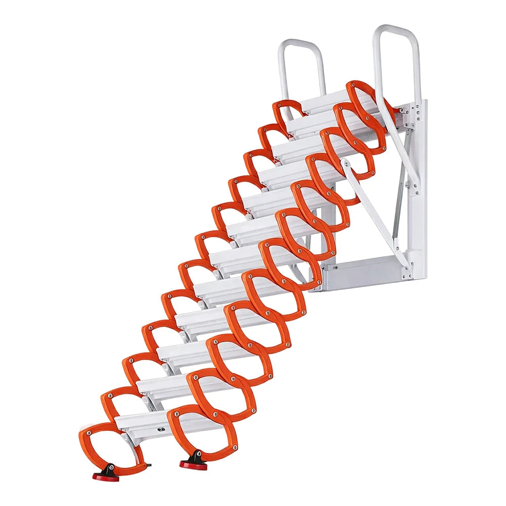 GROVIA Wall Mounted Retractable Loft Ladder Space Saving Heavy Duty Carbon Steel Alloy Wide Anti-Slip Steps - Oange & White
