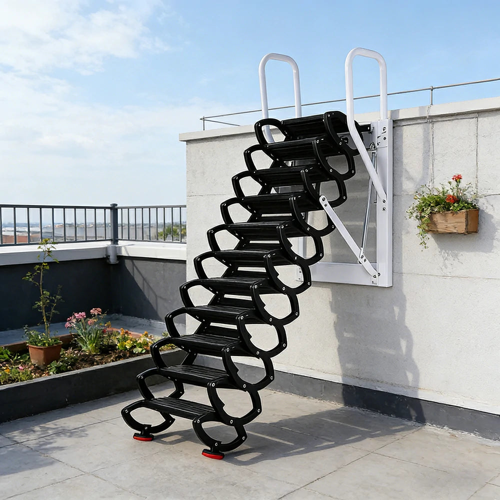 GROVIA Wall Mounted Retractable Loft Ladder Space Saving Heavy Duty Carbon Steel Alloy Wide Anti-Slip Steps - Black
