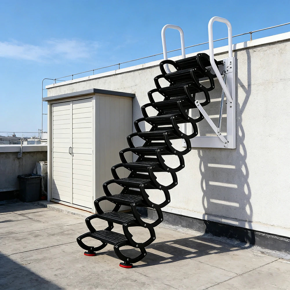 GROVIA Wall Mounted Retractable Loft Ladder Space Saving Heavy Duty Carbon Steel Alloy Wide Anti-Slip Steps - Black