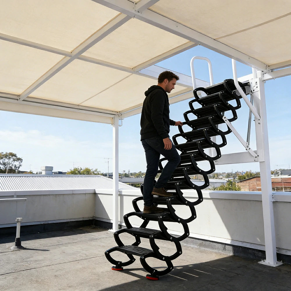 GROVIA Wall Mounted Retractable Loft Ladder Space Saving Heavy Duty Carbon Steel Alloy Wide Anti-Slip Steps - Black
