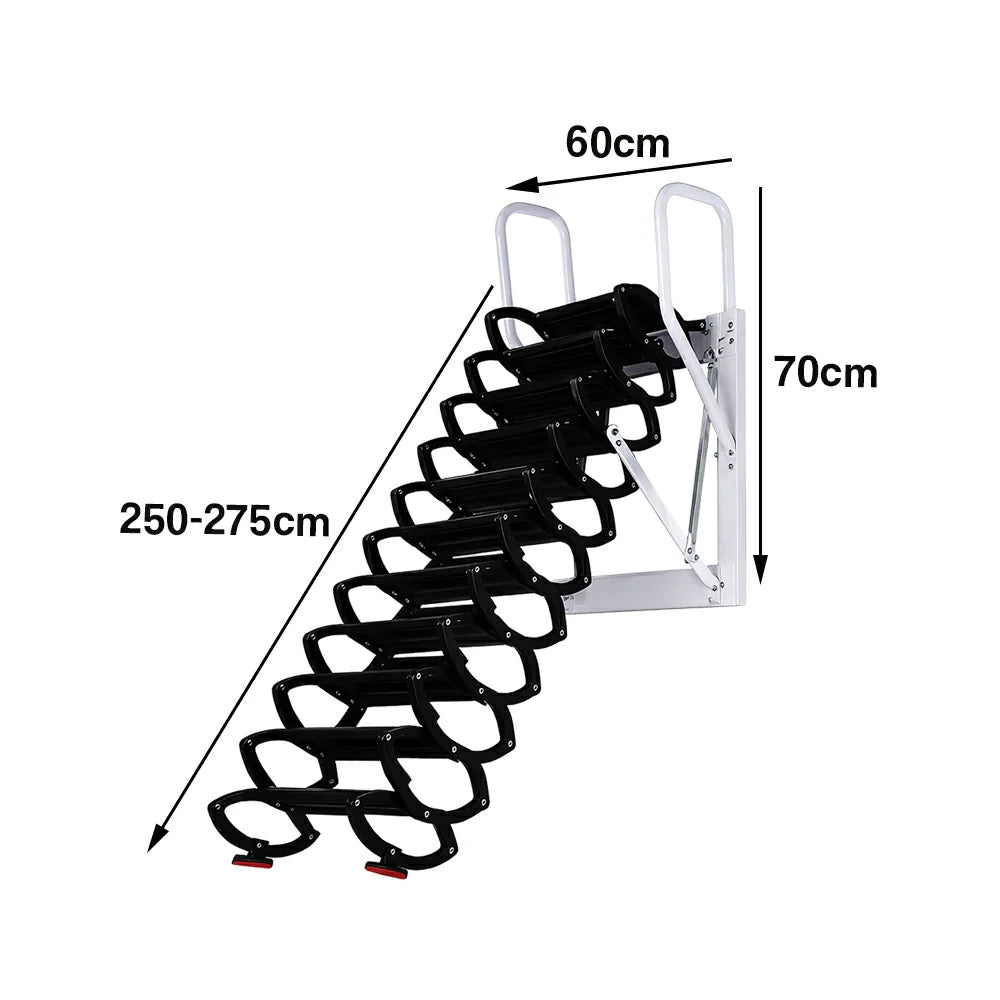 GROVIA Wall Mounted Retractable Loft Ladder Space Saving Heavy Duty Carbon Steel Alloy Wide Anti-Slip Steps - Black