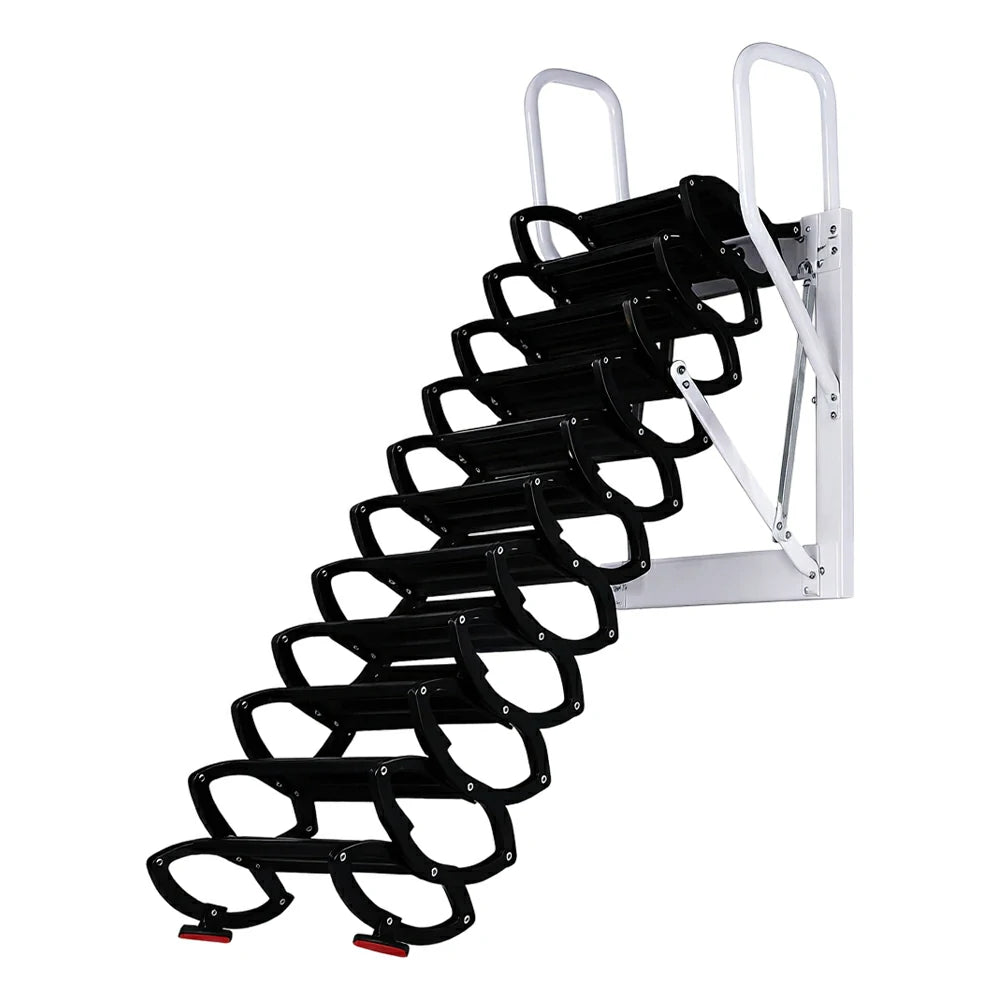 GROVIA Wall Mounted Retractable Loft Ladder Space Saving Heavy Duty Carbon Steel Alloy Wide Anti-Slip Steps - Black