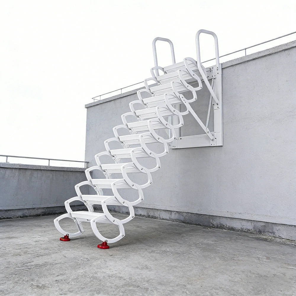 GROVIA Wall Mounted Retractable Loft Ladder Space Saving Heavy Duty Carbon Steel Alloy Wide Anti-Slip Steps - White