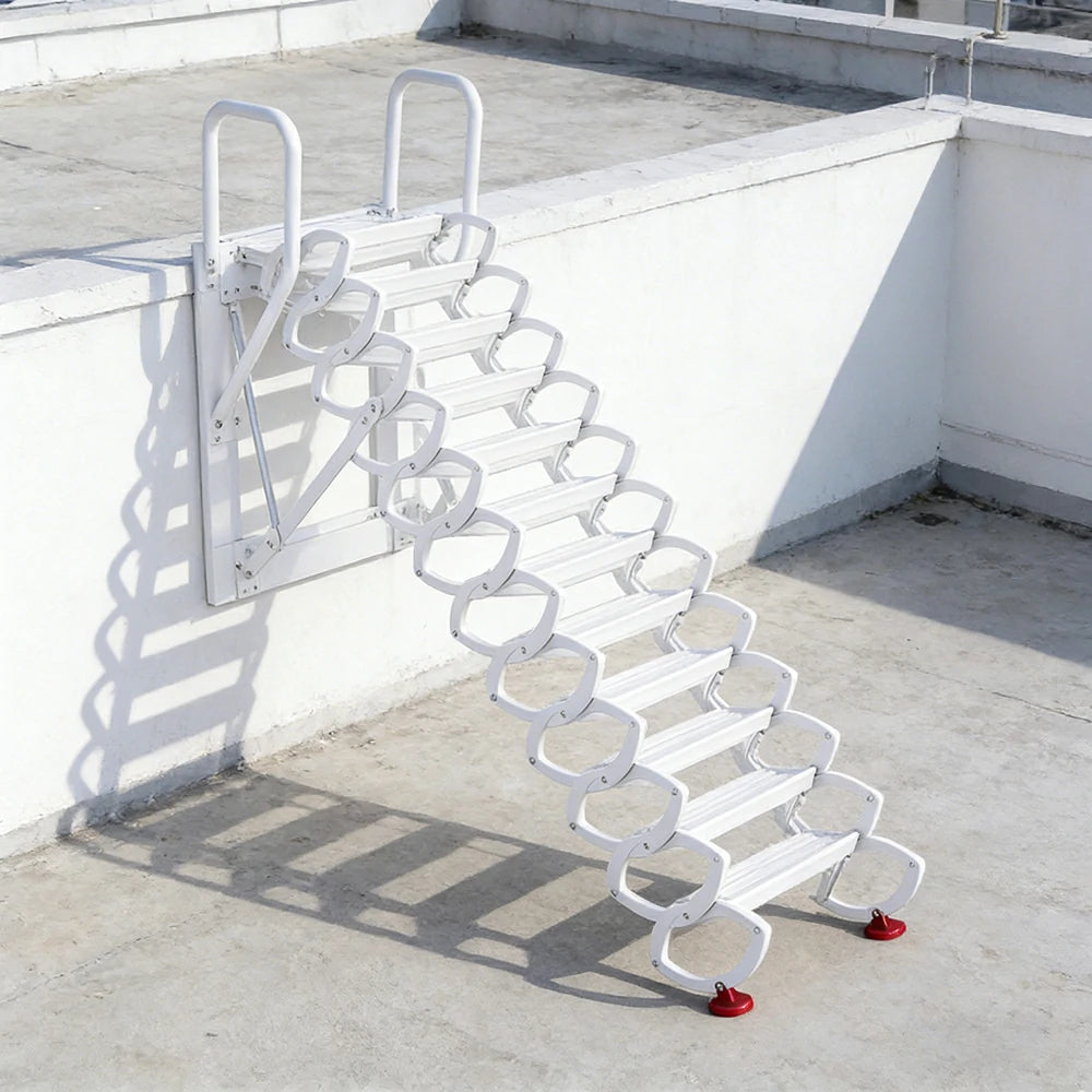 GROVIA Wall Mounted Retractable Loft Ladder Space Saving Heavy Duty Carbon Steel Alloy Wide Anti-Slip Steps - White