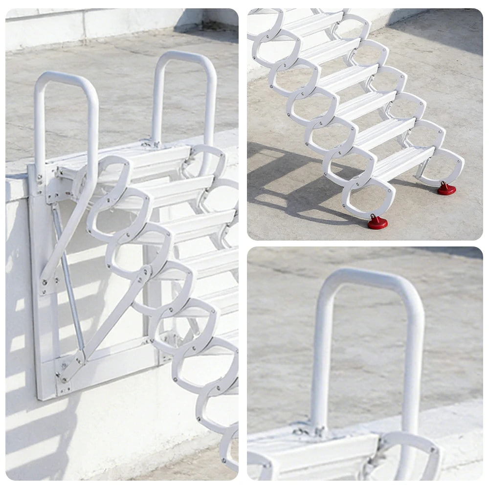 GROVIA Wall Mounted Retractable Loft Ladder Space Saving Heavy Duty Carbon Steel Alloy Wide Anti-Slip Steps - White