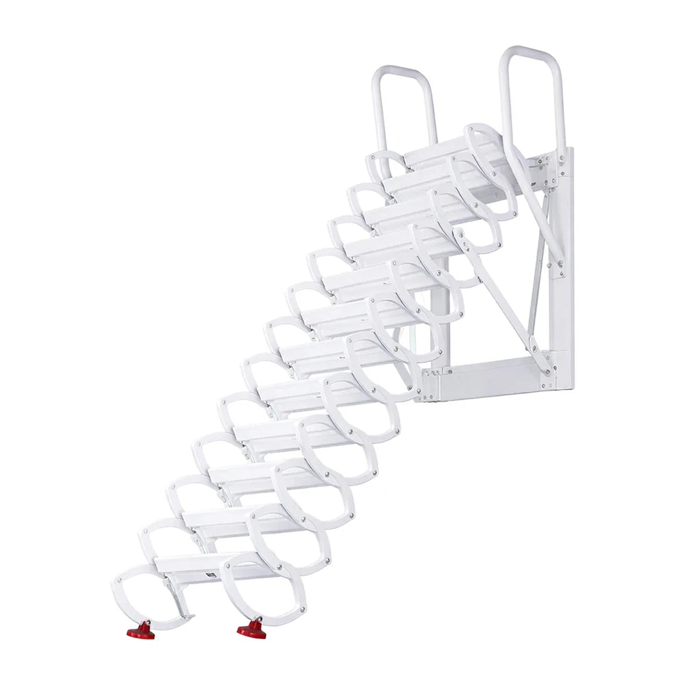 GROVIA Wall Mounted Retractable Loft Ladder Space Saving Heavy Duty Carbon Steel Alloy Wide Anti-Slip Steps - White