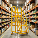 GROVIA 3 Step Mobile Platform Ladder with Safety Handrails and Wheels for Warehouse - Sunset Yellow