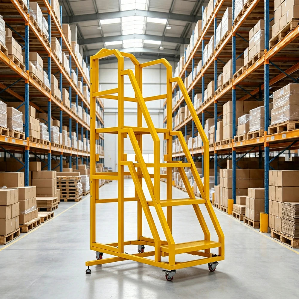 GROVIA 3 Step Mobile Platform Ladder with Safety Handrails and Wheels for Warehouse - Sunset Yellow