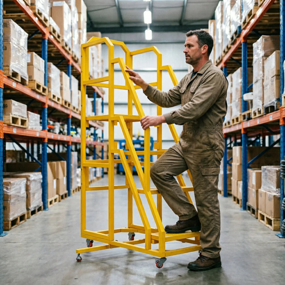 GROVIA 3 Step Mobile Platform Ladder with Safety Handrails and Wheels for Warehouse - Sunset Yellow