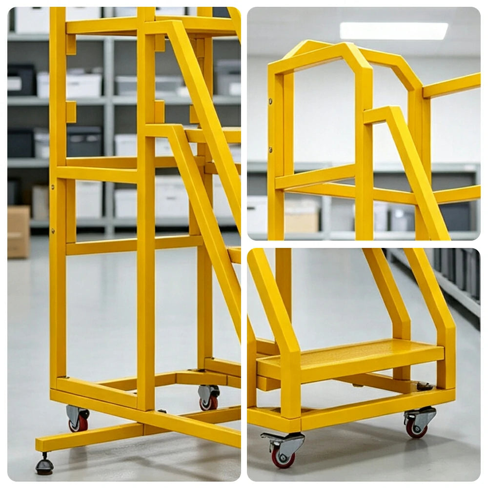 GROVIA 3 Step Mobile Platform Ladder with Safety Handrails and Wheels for Warehouse - Sunset Yellow