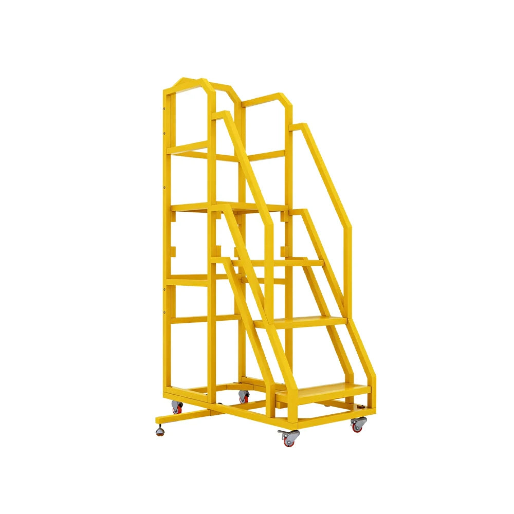 GROVIA 3 Step Mobile Platform Ladder with Safety Handrails and Wheels for Warehouse - Sunset Yellow