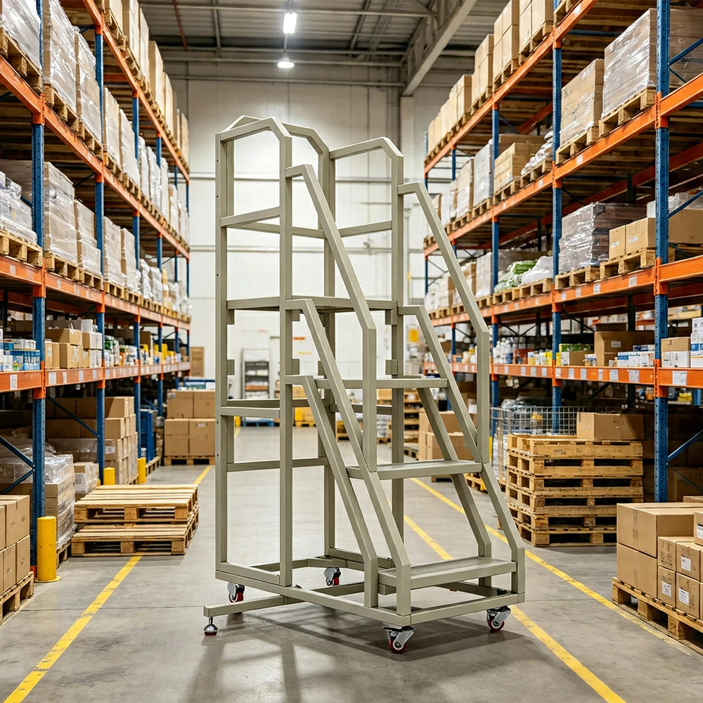 GROVIA 3 Step Mobile Platform Ladder with Safety Handrails and Wheels for Warehouse - Grey