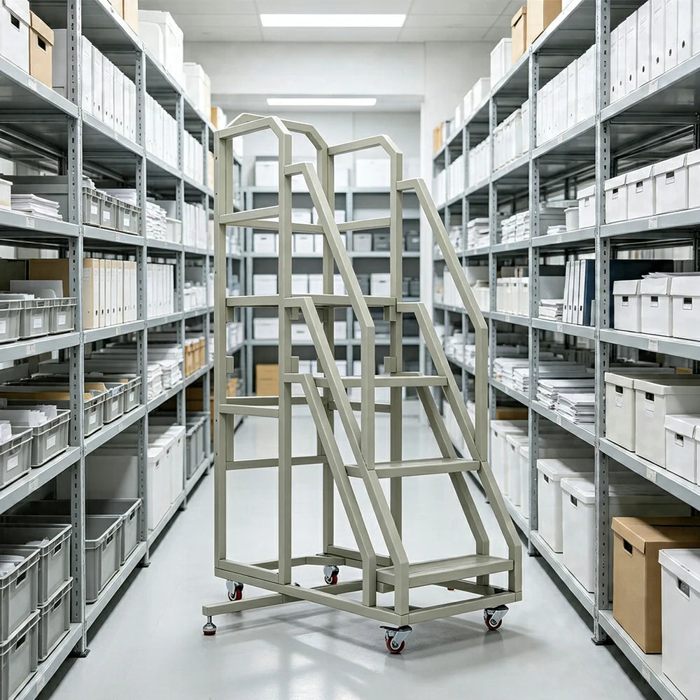 GROVIA 3 Step Mobile Platform Ladder with Safety Handrails and Wheels for Warehouse - Grey