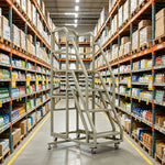 GROVIA 3 Step Mobile Platform Ladder with Safety Handrails and Wheels for Warehouse - Grey
