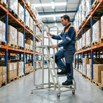 GROVIA 3 Step Mobile Platform Ladder with Safety Handrails and Wheels for Warehouse - Grey