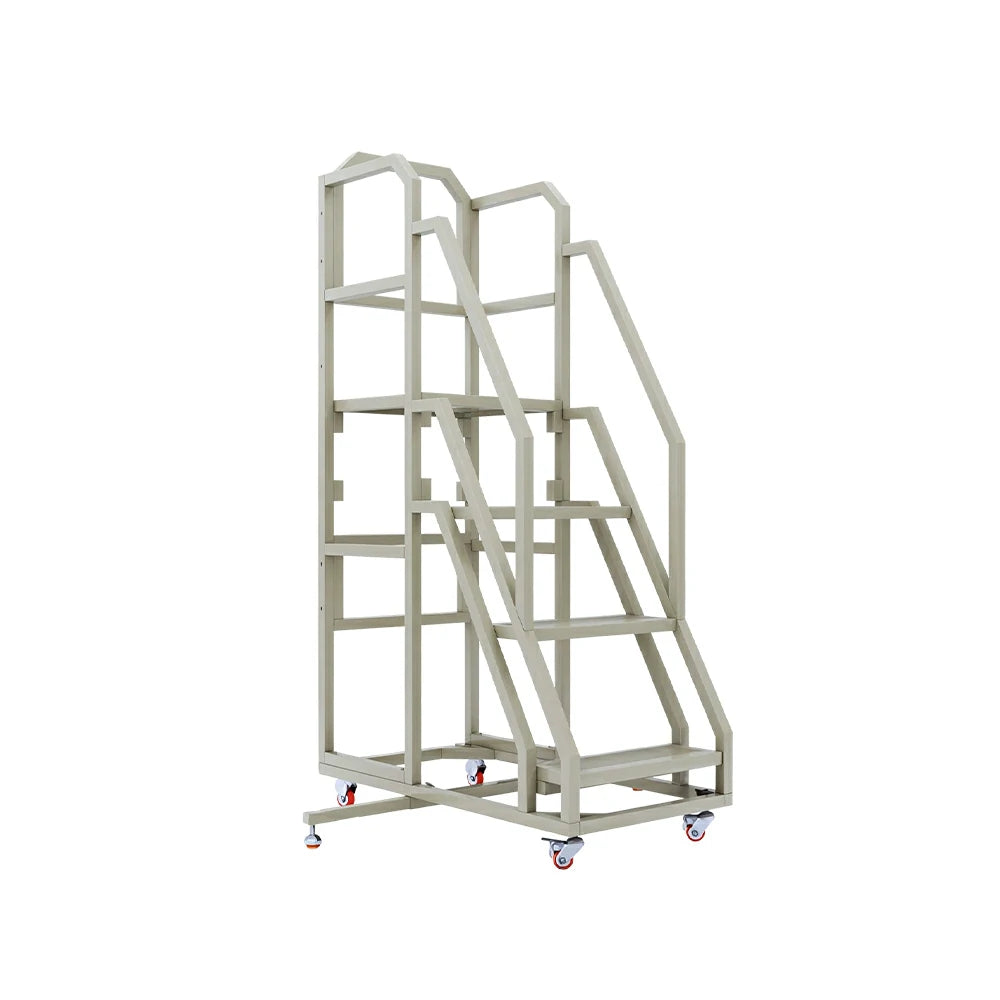 GROVIA 3 Step Mobile Platform Ladder with Safety Handrails and Wheels for Warehouse - Grey