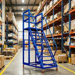 GROVIA Heavy Duty Mobile Platform Ladder with Safety Handrails, Anti-Slip Steps and Locking Wheels for Warehouse - Blue