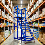 GROVIA Heavy Duty Mobile Platform Ladder with Safety Handrails, Anti-Slip Steps and Locking Wheels for Warehouse - Blue