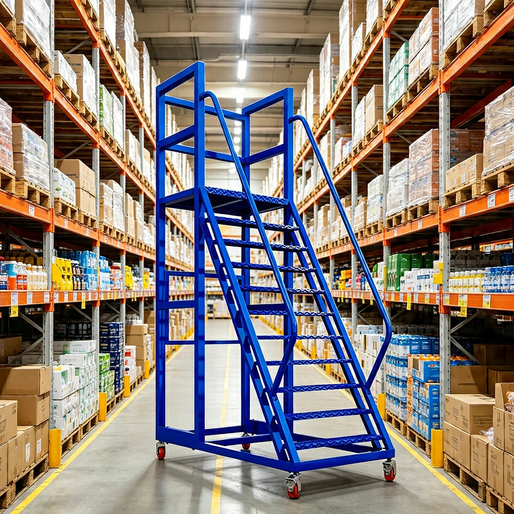 GROVIA Heavy Duty Mobile Platform Ladder with Safety Handrails, Anti-Slip Steps and Locking Wheels for Warehouse - Blue