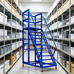 GROVIA Heavy Duty Mobile Platform Ladder with Safety Handrails, Anti-Slip Steps and Locking Wheels for Warehouse - Blue