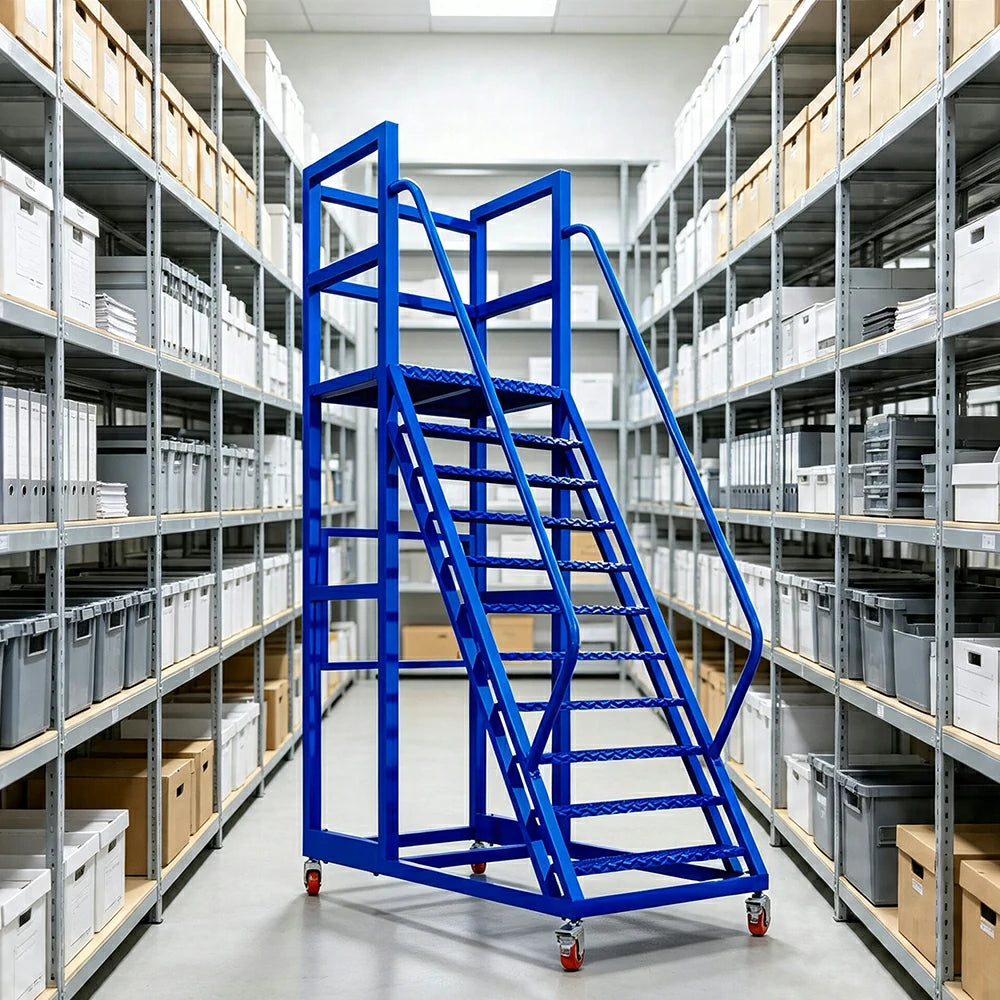 GROVIA Heavy Duty Mobile Platform Ladder with Safety Handrails, Anti-Slip Steps and Locking Wheels for Warehouse - Blue