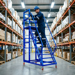 GROVIA Heavy Duty Mobile Platform Ladder with Safety Handrails, Anti-Slip Steps and Locking Wheels for Warehouse - Blue