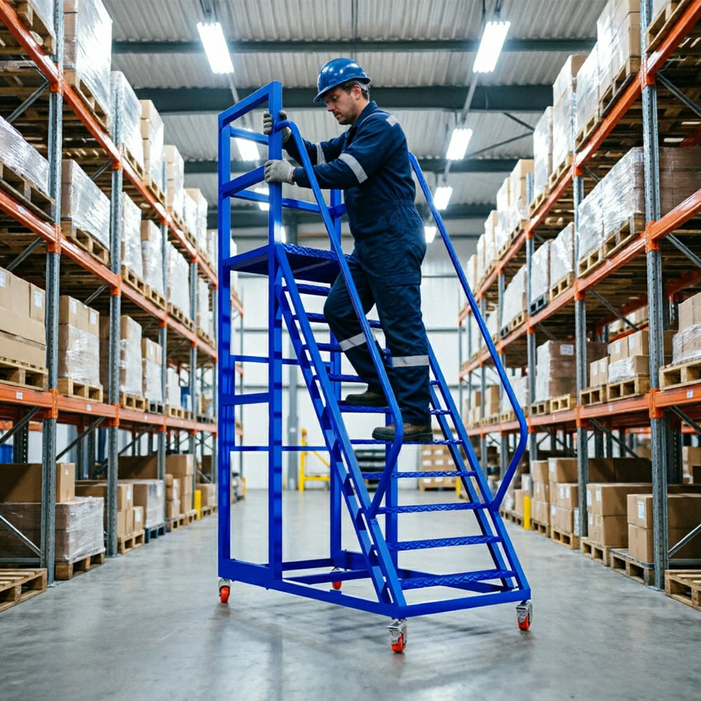 GROVIA Heavy Duty Mobile Platform Ladder with Safety Handrails, Anti-Slip Steps and Locking Wheels for Warehouse - Blue