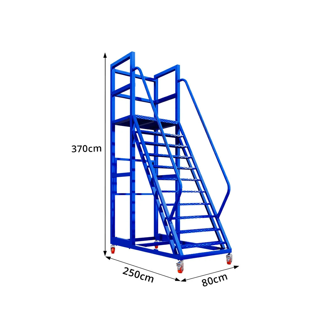 GROVIA Heavy Duty Mobile Platform Ladder with Safety Handrails, Anti-Slip Steps and Locking Wheels for Warehouse - Blue