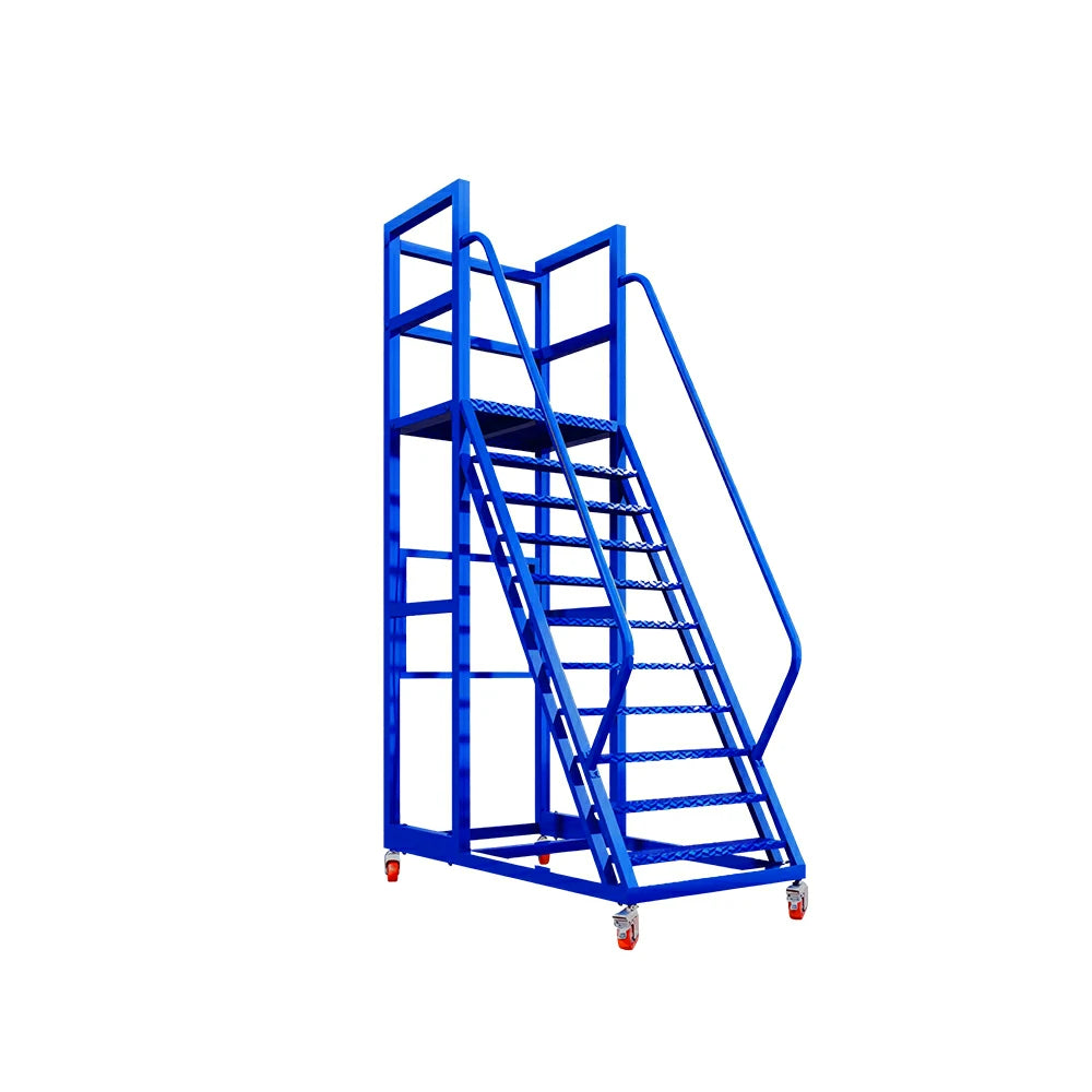 GROVIA Heavy Duty Mobile Platform Ladder with Safety Handrails, Anti-Slip Steps and Locking Wheels for Warehouse - Blue