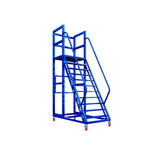 GROVIA Heavy Duty Mobile Platform Ladder with Safety Handrails, Anti-Slip Steps and Locking Wheels for Warehouse - Blue