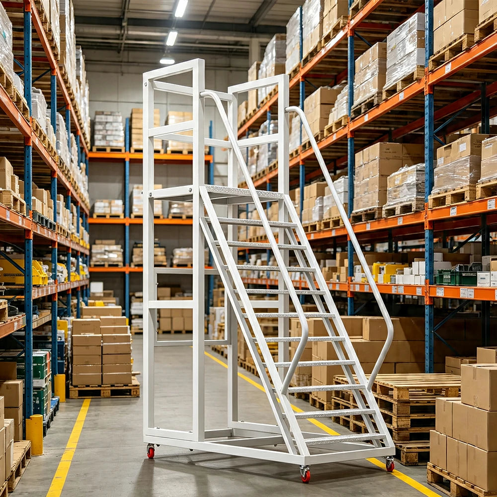 GROVIA Heavy Duty Mobile Platform Ladder with Safety Handrails, Anti-Slip Steps and Locking Wheels for Warehouse - Grey