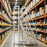 GROVIA Heavy Duty Mobile Platform Ladder with Safety Handrails, Anti-Slip Steps and Locking Wheels for Warehouse - Grey
