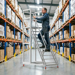 GROVIA Heavy Duty Mobile Platform Ladder with Safety Handrails, Anti-Slip Steps and Locking Wheels for Warehouse - Grey