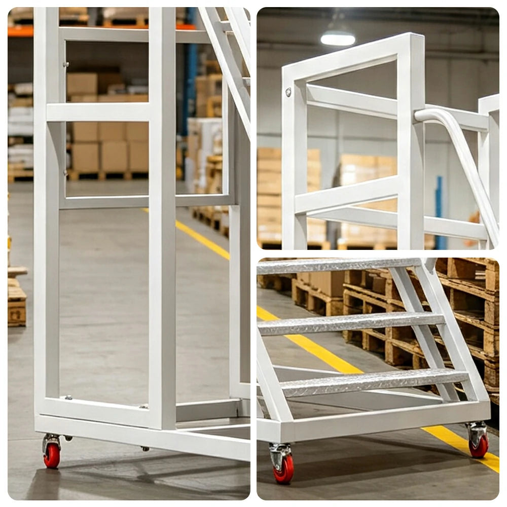 GROVIA Heavy Duty Mobile Platform Ladder with Safety Handrails, Anti-Slip Steps and Locking Wheels for Warehouse - Grey