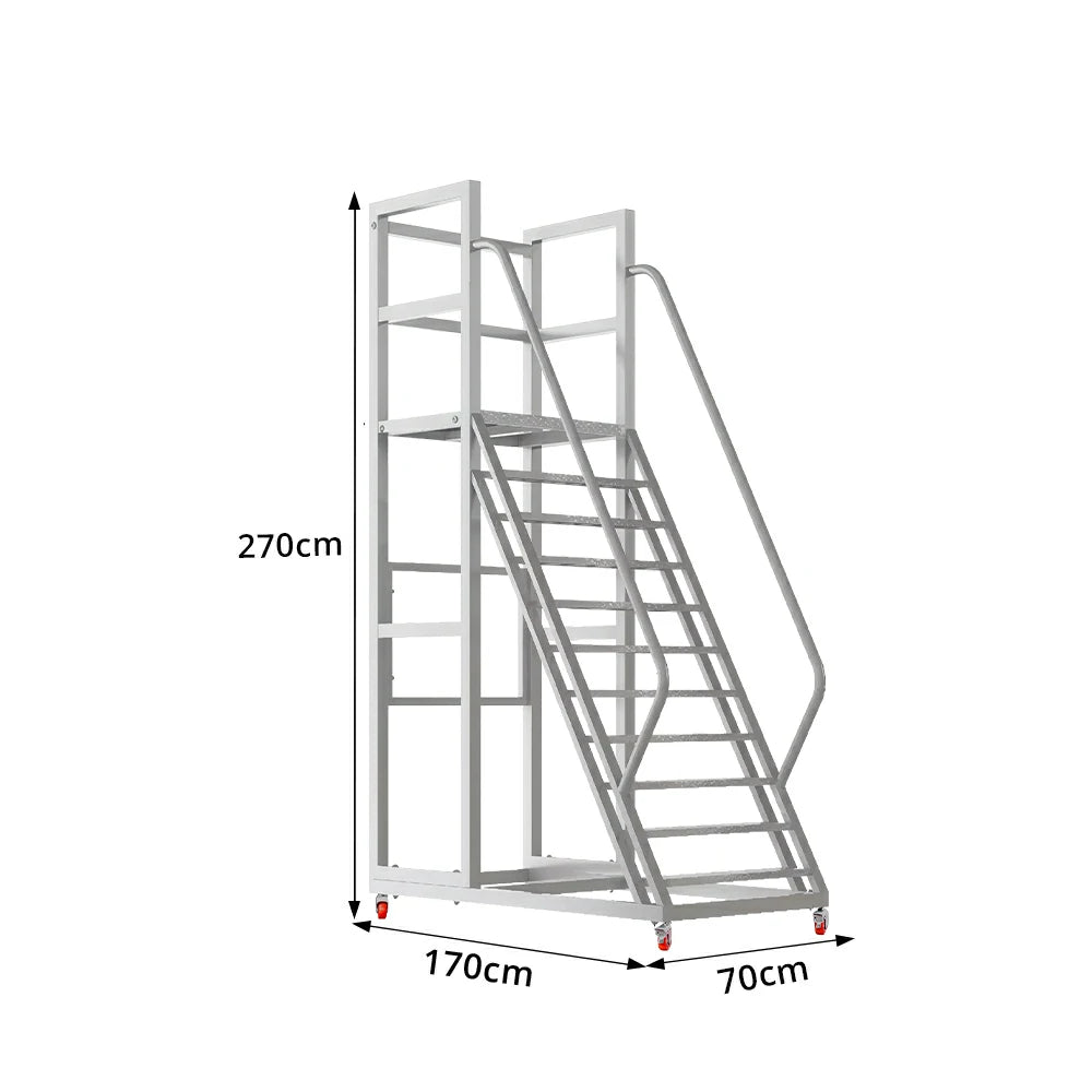 GROVIA Heavy Duty Mobile Platform Ladder with Safety Handrails, Anti-Slip Steps and Locking Wheels for Warehouse - Grey
