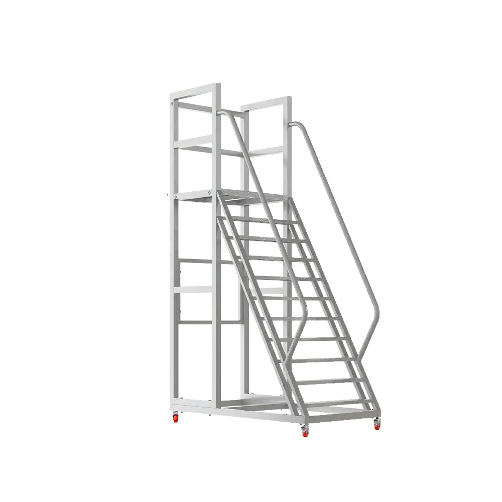 GROVIA Heavy Duty Mobile Platform Ladder with Safety Handrails, Anti-Slip Steps and Locking Wheels for Warehouse - Grey