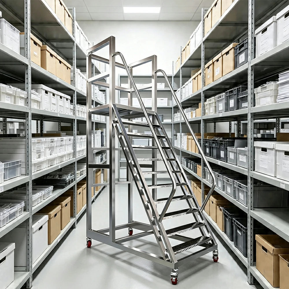 GROVIA Heavy Duty Mobile Platform Ladder with Safety Handrails, Anti-Slip Steps and Locking Wheels for Warehouse - Silver