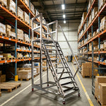 GROVIA Heavy Duty Mobile Platform Ladder with Safety Handrails, Anti-Slip Steps and Locking Wheels for Warehouse - Silver